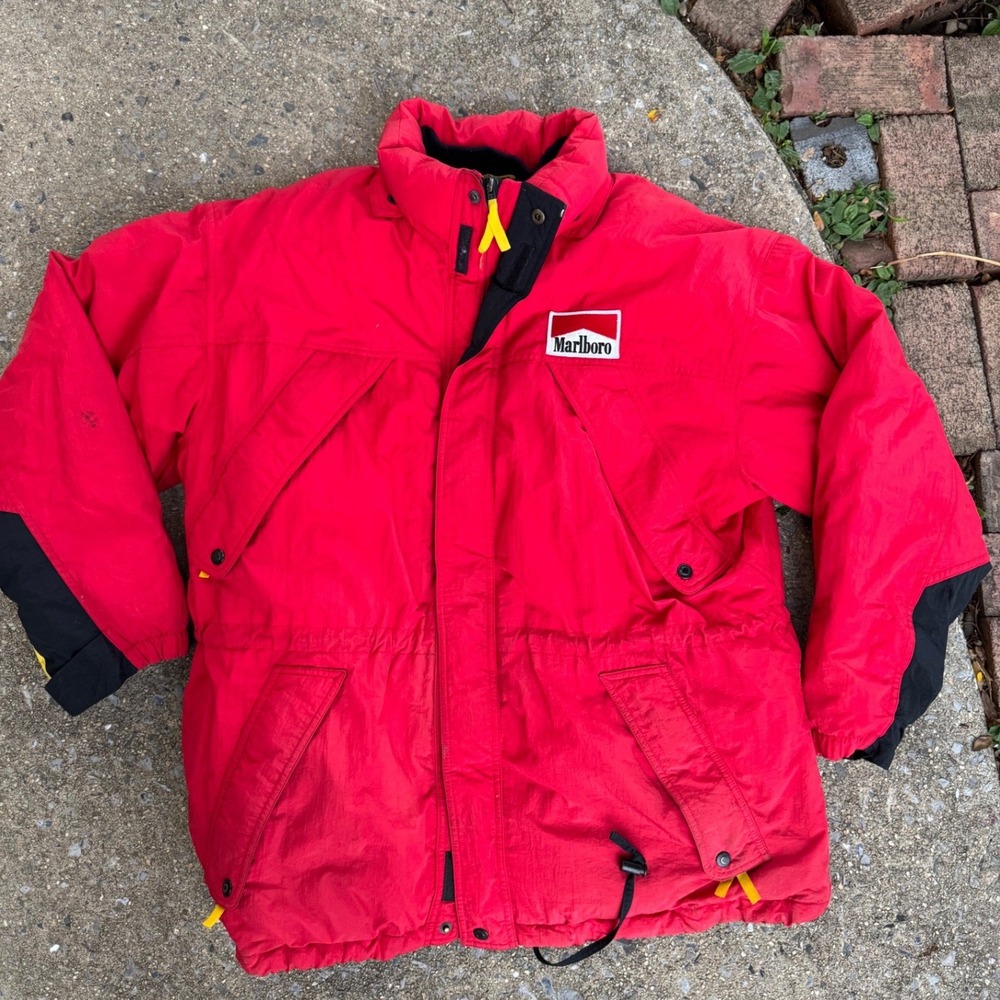 Vintage Marlboro Country Store Red Duck Down Puffer Jacket Parka Mens Large 90s